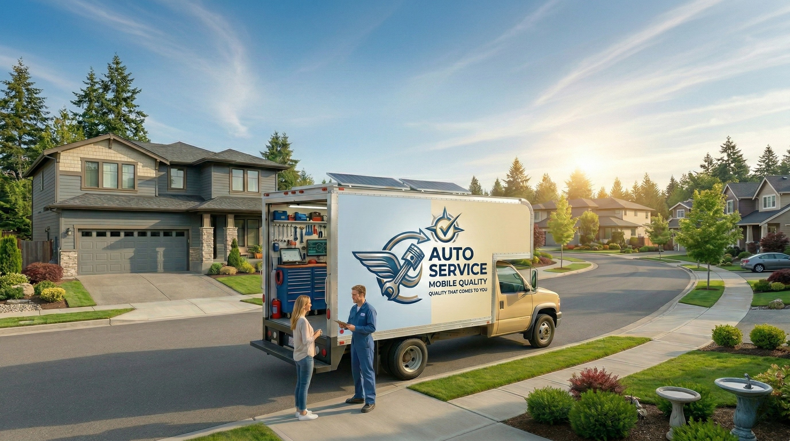 Mobile Quality Auto Service technician greeting a customer in a residential neighborhood